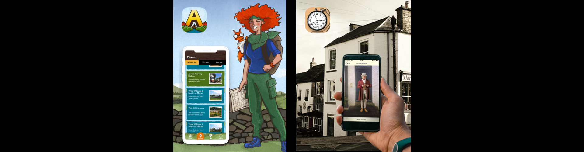 Images showing Alston Explorer and Alston Time Traveller apps commissioned by North Pennines AONB.