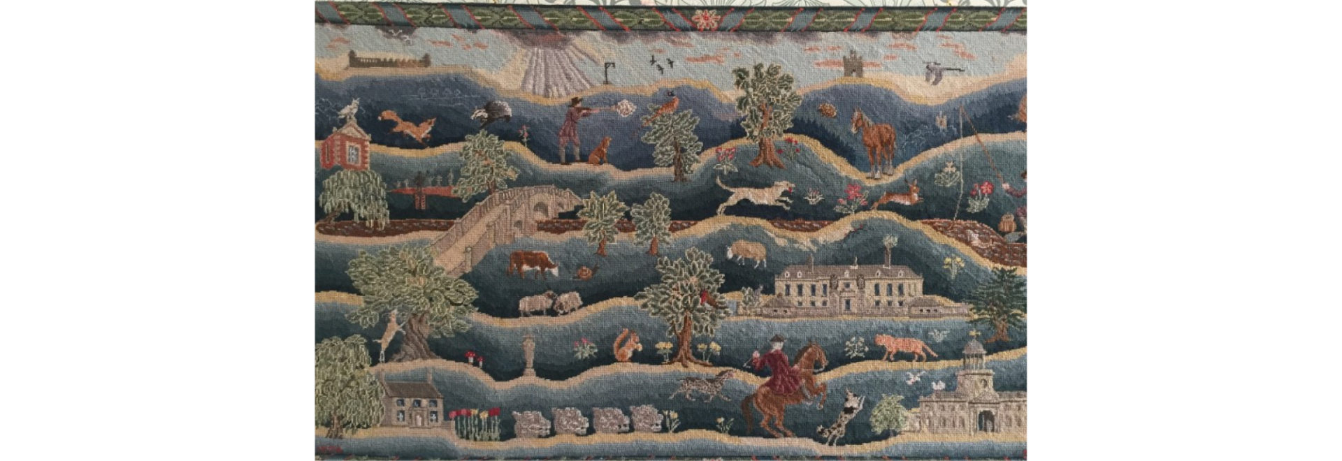 Wool tapestry of Wallington Estate depicting the house and many animals in the landscape