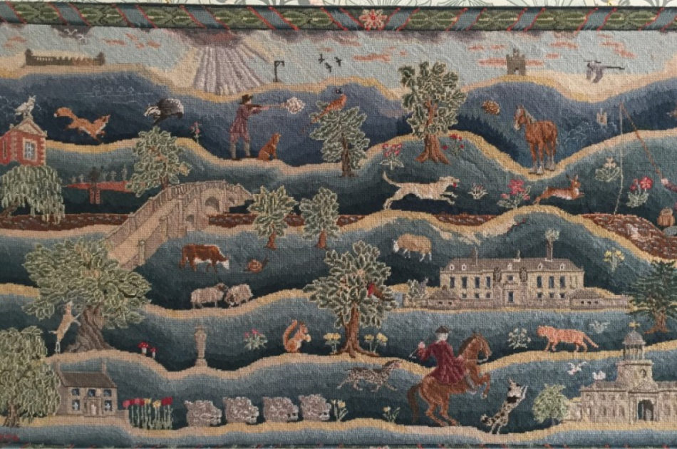 Wool tapestry of Wallington Estate depicting the house and many animals in the landscape