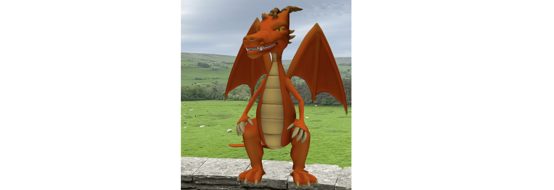 An augmented reality dragon stands on a stone wall at The Forbidden Corner.