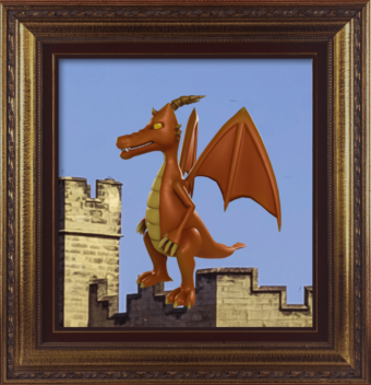 Image of a cartoon dragon standing on a castle wall in an old picture frame."