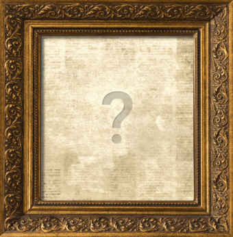 Old yellow and brown paper with a question mark on it in an old picture frame."